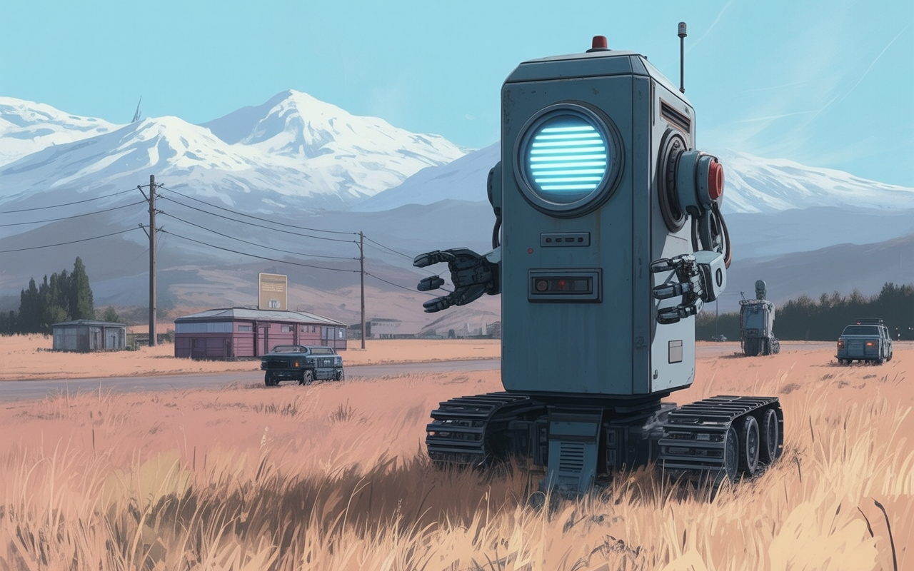 Image of a lonely robot in a field.